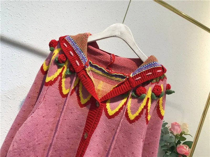 JOYDU High Street Oversize Sweet Sweater Women Cardigan Coat 2019 Hooded Lace Up Hairball Strawberry Patchwork Knitted Sweaters |