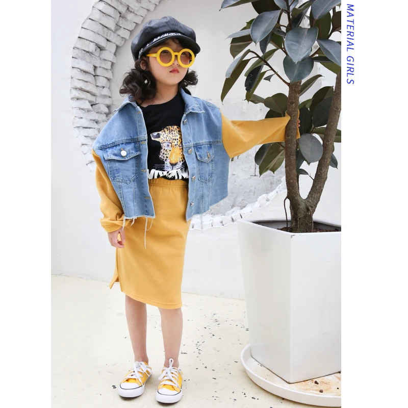 Костюм для девочек новинка весны 2019 джинсовая куртка с вышивкой юбкой Детские