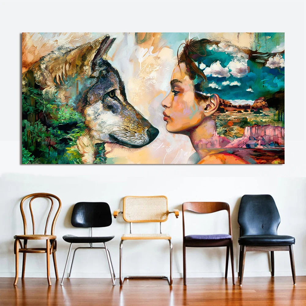 CHENFART Wall Art Animal Figure Painting on Canvas Pictures For Home Decor Wolf and Girl Living Room No Frame | Дом и сад