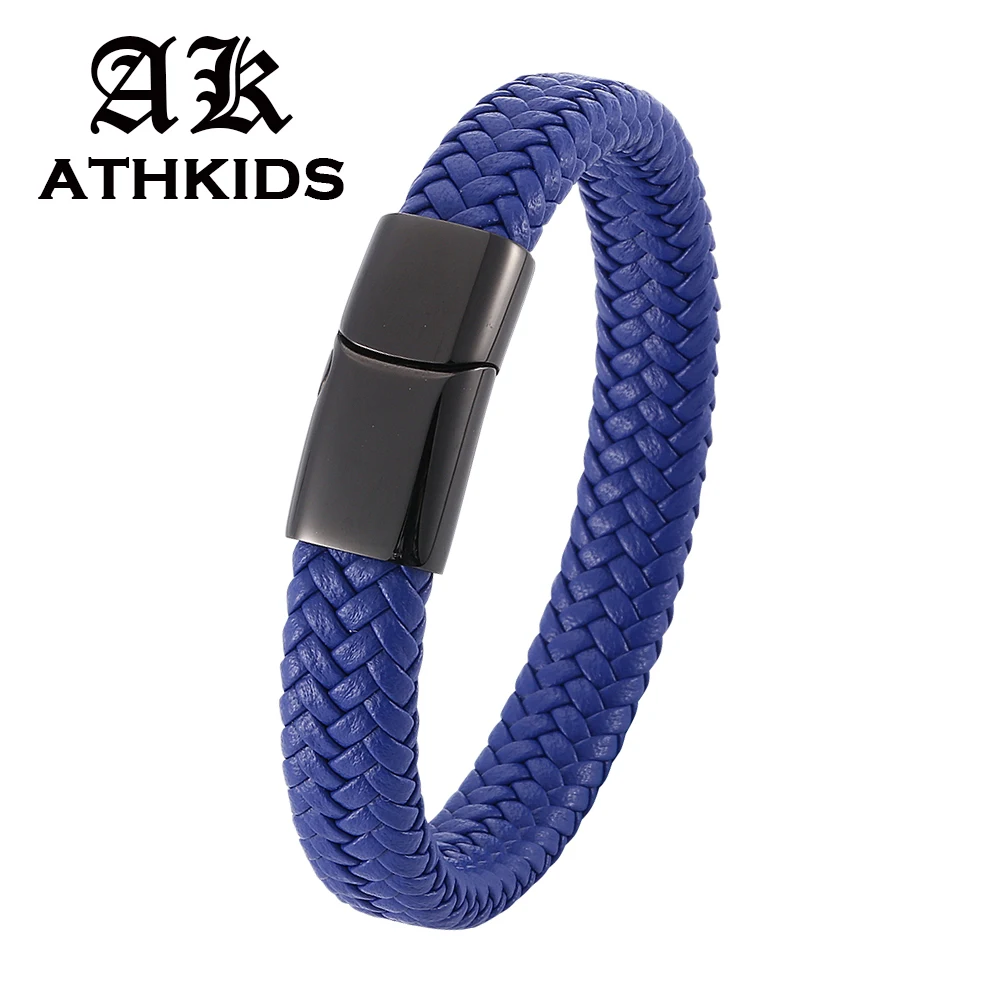 

2019 New Punk Men Jewelry Blue Leather Rope Leather Bracelet Stainless Steel Magnetic Clasp Fashion Bracelet Bangle Gifts PD0017