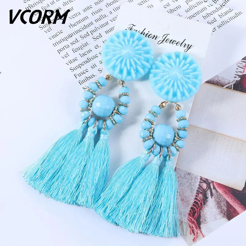 SkyBlue VCORM богемные длинные висячие серьги с большой кисточкой для женщин и девушек, Женские Модные Этнические серьги-капли с большой бахромой, ювелирные изделия - Окраска металла: SkyBlue