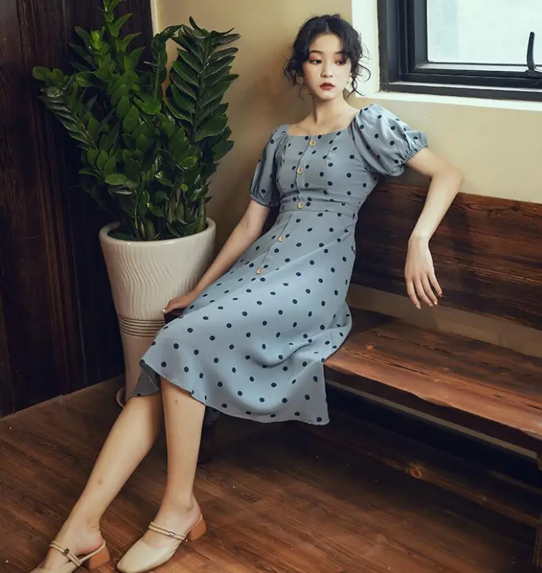 2019 новые модные женские платья Летние Ретро в горошек платье с квадратным