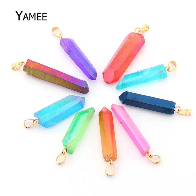 

5PCS Raw Mineral Crystal Point Multicoloured Aura Crystal Pendant Quartz Pillar Beads DIY Necklace Marking For Women Men Chakra