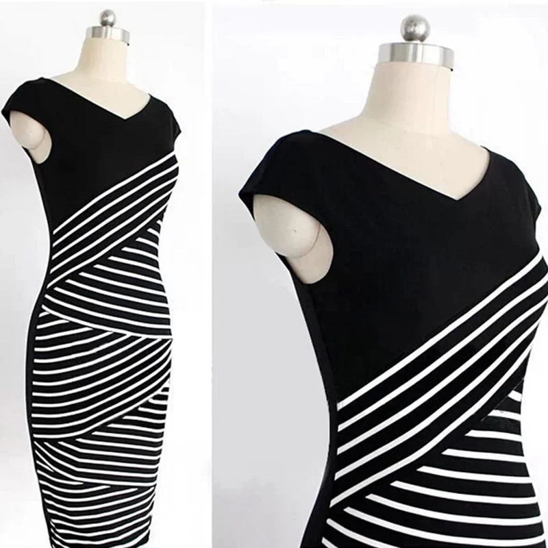 Элегантных Женщин Лето V Шеи Платье Черные и белые полосы Сшивание Карандаш