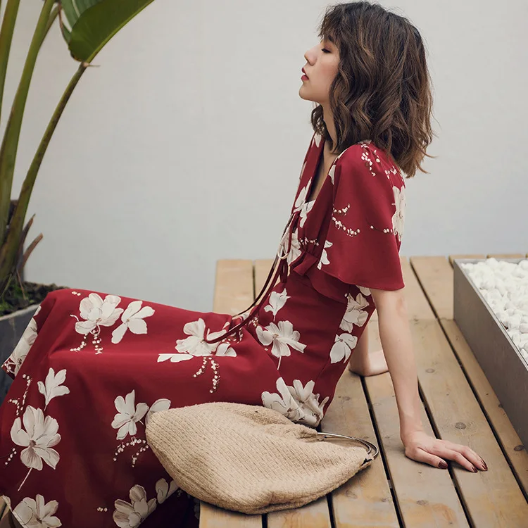 Лето 2018 новый стиль праздничное модное платье с старинные печатные шифоновое