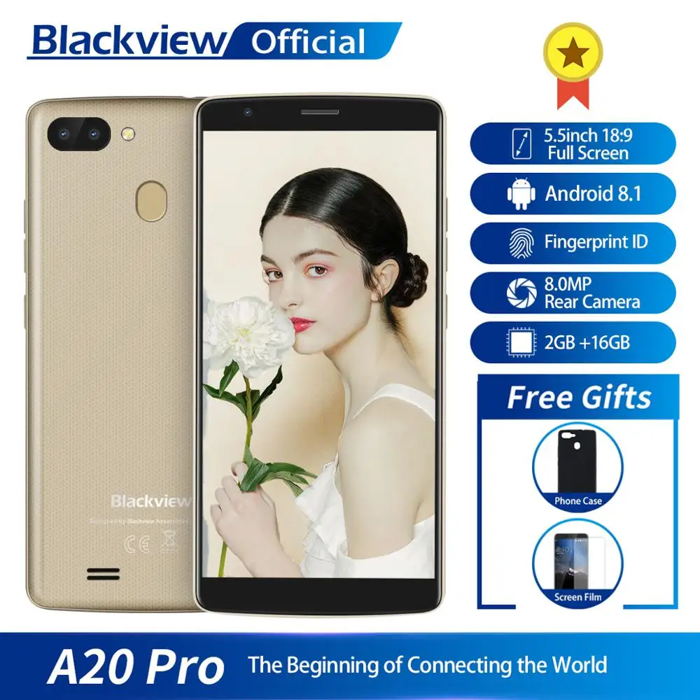 Blackview A20 Pro смартфон 2 ГБ+ 16 ГБ MT6739WAL 4 ядра Android 8,1 5,5 дюйма 18:9 полный Экран отпечатков пальцев 4 г мобильного телефона