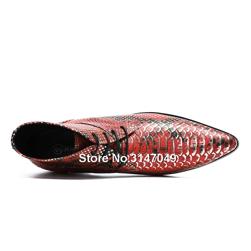 Spring Autumn Mens Boots Casual Genuine Leather Men Lace Up Pointed Toe Worker Shoes Bling Red Blue Snakeskin Pattern Boot | Обувь