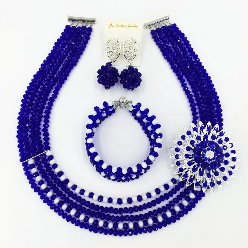 Оптовая цена Шёлково-синие непрозрачные белые классические африканские стильные хрустальные бусы юбилейные ювелирные наборы для женщин 5C-ST-32.