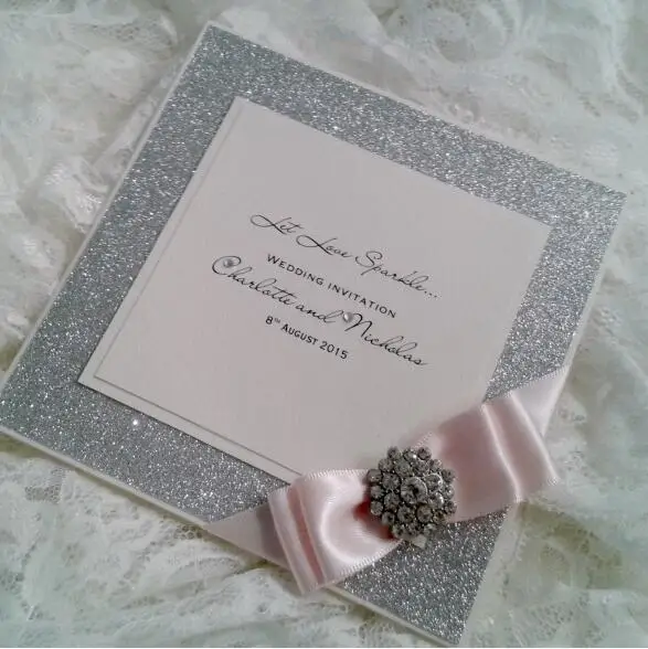 Блестящие Свадебные Пригласительные открытки ручной работы с атласным бантом и