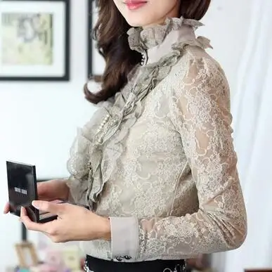 Женская кружевная блузка с воротником-стойкой Тонкая длинным рукавом