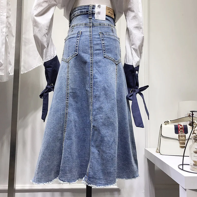 2019 New Women's High Waist Slim Long Jean Fishtail Skirt Spring and Summer Students Simple Blue Denim Skirts | Женская одежда