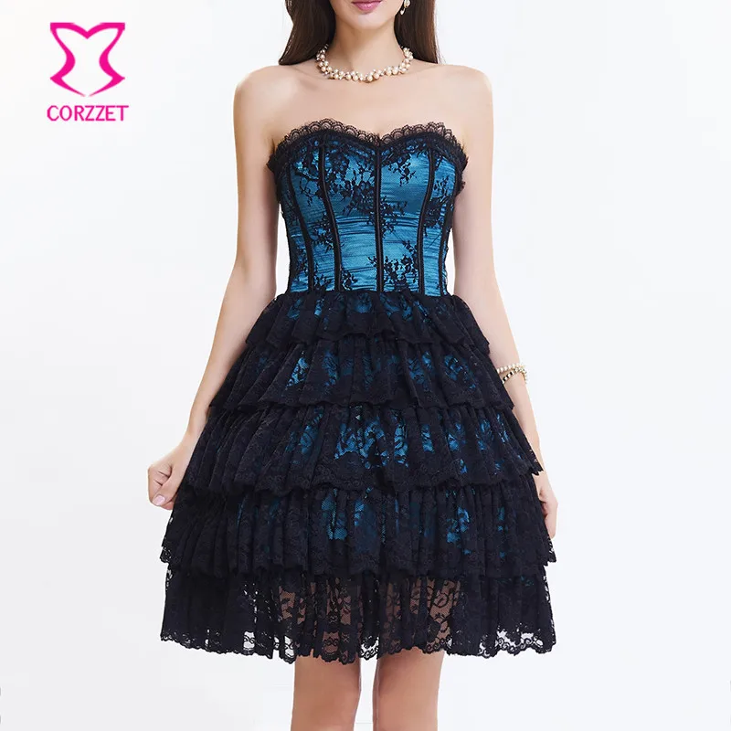 Sexy Fantasy Blue Satin&Lace Gothic Steampunk Gothic Skirt for Burlesque Costume Dancer Women Corselet E Espartilho