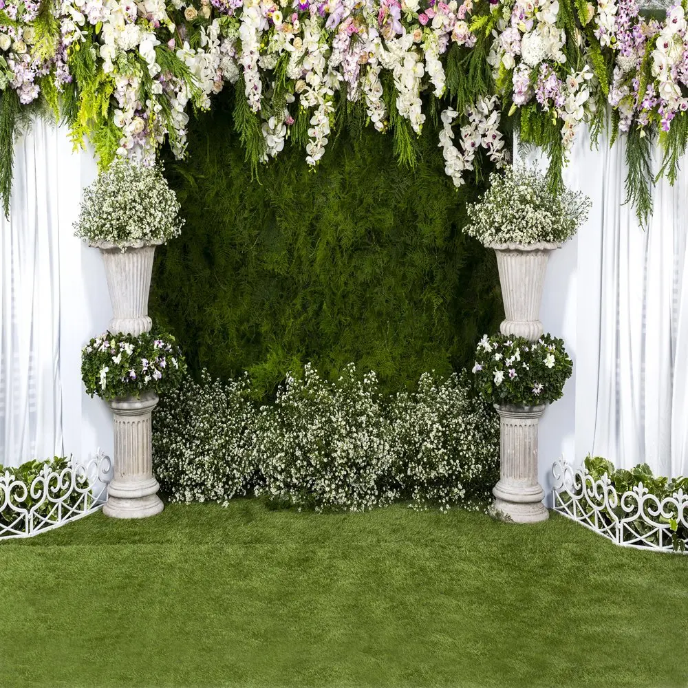 Фон для фотосъемки с изображением белой травы и цветов празднования свадебной