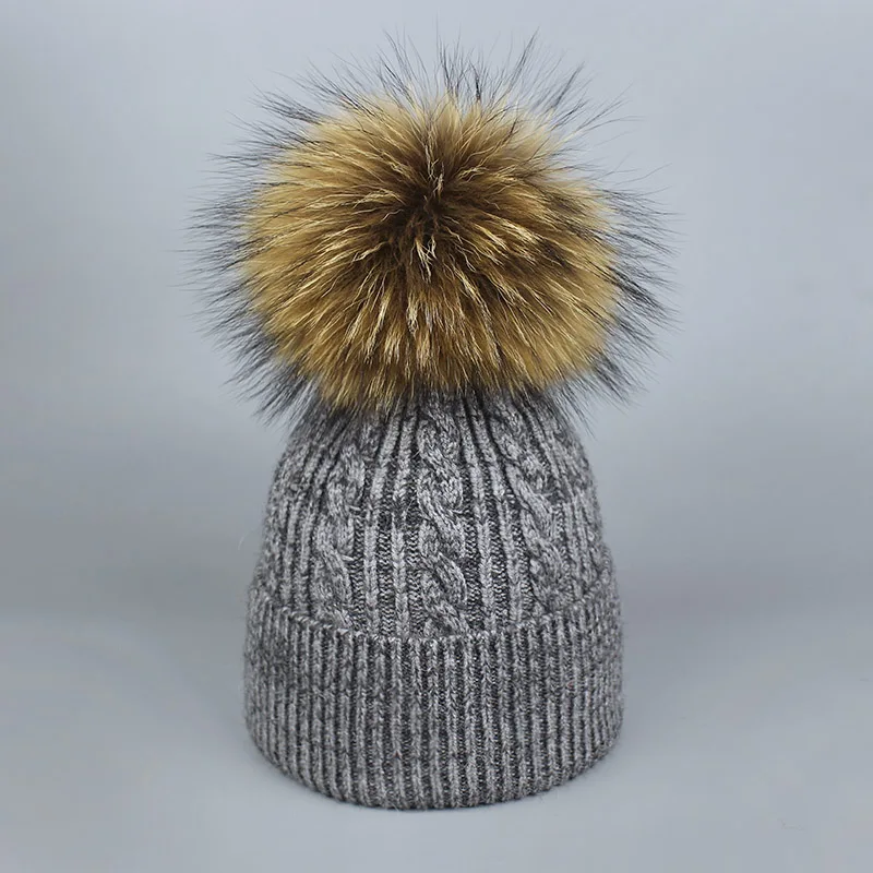 Зимняя меховая шапка с помпоном Skullies для женщин, кашемировая шерстяная хлопковая шапка, большая шапка с натуральным енотом, шапка с меховым помпоном, шапка с помпоном из лисьего меха - Цвет: Dark Gray