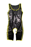 novelty fetish latex bodysuit attached front zip and decorative with yellow stripes and open crotch for men