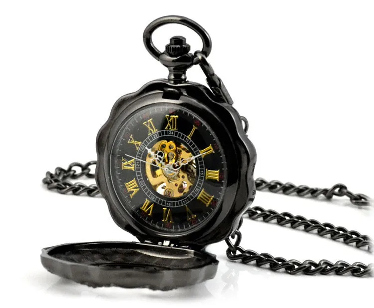 Стимпанк-скелет черный автоматический механический карманный часы мужчин винтажные ручной завод кольцо и часы брелок на цепочке.