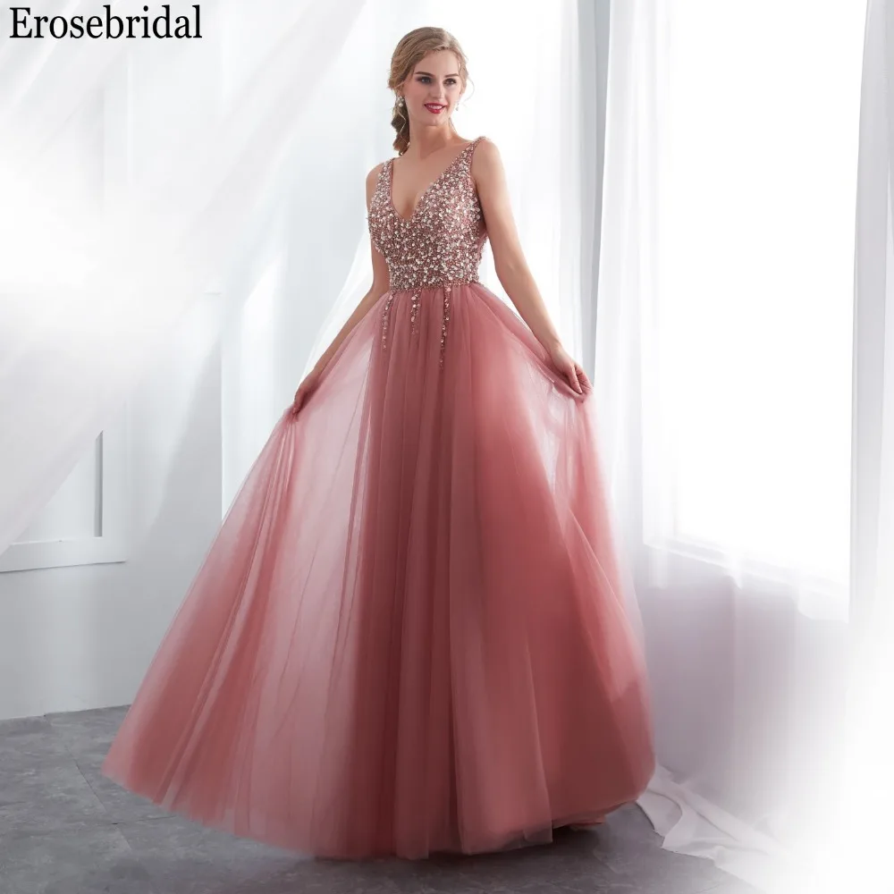 Erosrbridal, длинное платье для выпускного вечера,, спереди, с разрезом, А-линия, женские вечерние платья, глубокий v-образный вырез, с бисером, лиф, со шлейфом, на шнуровке, сзади