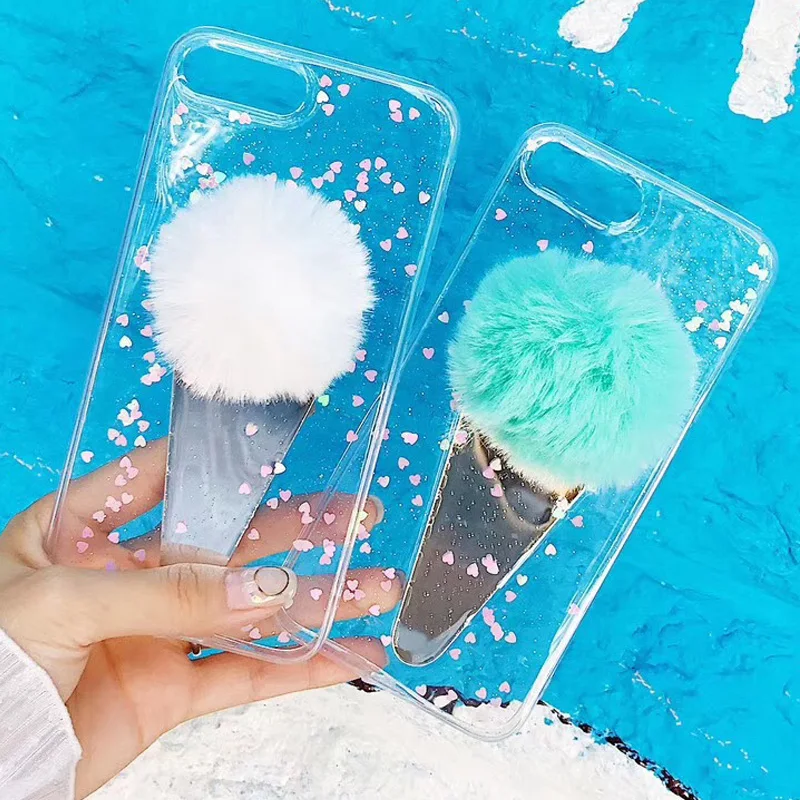 NPHACC Cute DIY Ice Cream Fur Ball Phone Case for Iphone 6 6S Plus 7 8 X Transparent Soft TPU Love Heart Back Cover Coque |