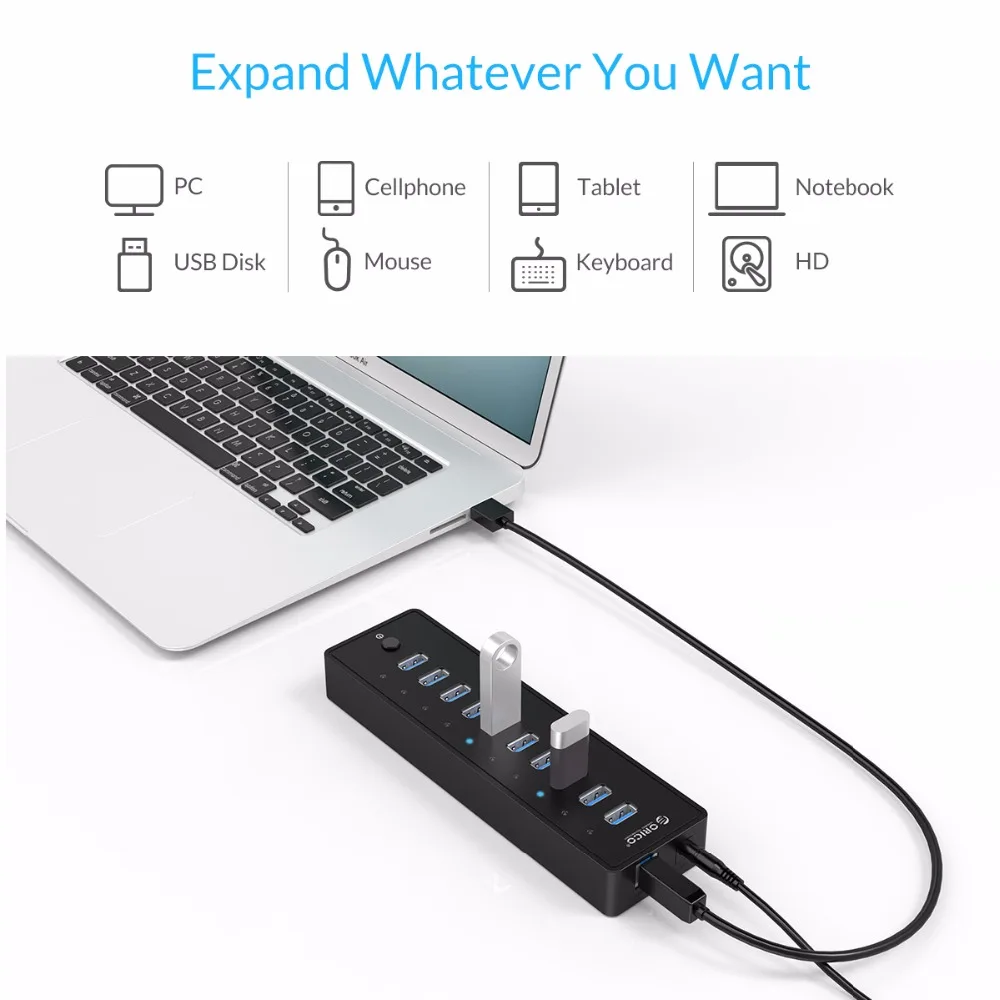 ORICO P10 U3 10 портов USB 3 0 концентратор с фута/1 м USB3.0 кабель VL812 чипсеты и адаптер
