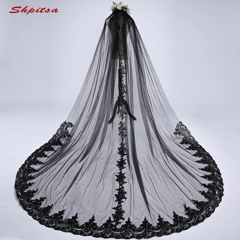 Black Lace Long Cathedral Wedding Veil 3 m Vail One Layer Bride Bridal Veils Metry | Свадьбы и торжества