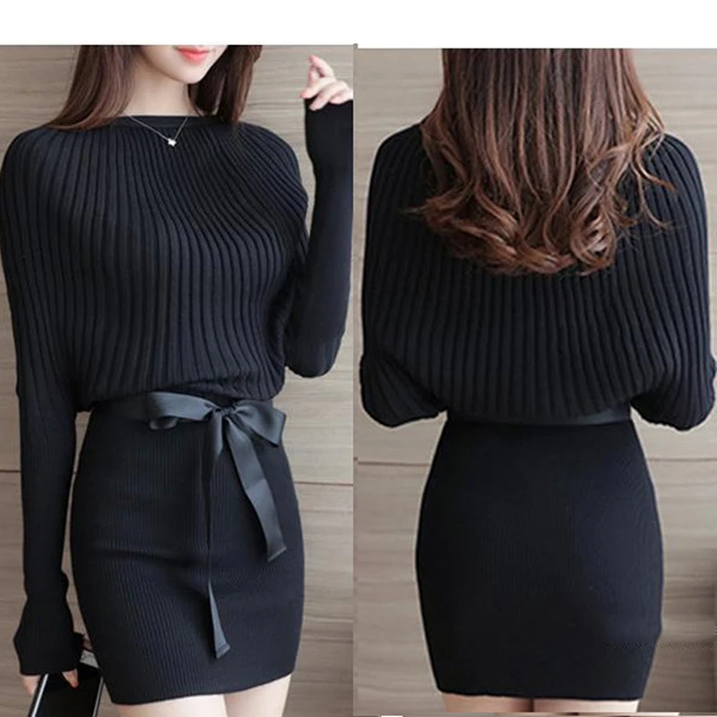 

Elegant Slim Knitted Dress Autumn Women Clothing Long Sleeve Knit Dress Knitwear High Street Sashes Belt Mini Dress
