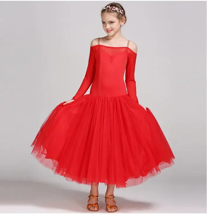 Платья для танцев с длинными рукавами Красное платье сальсы Современный детский