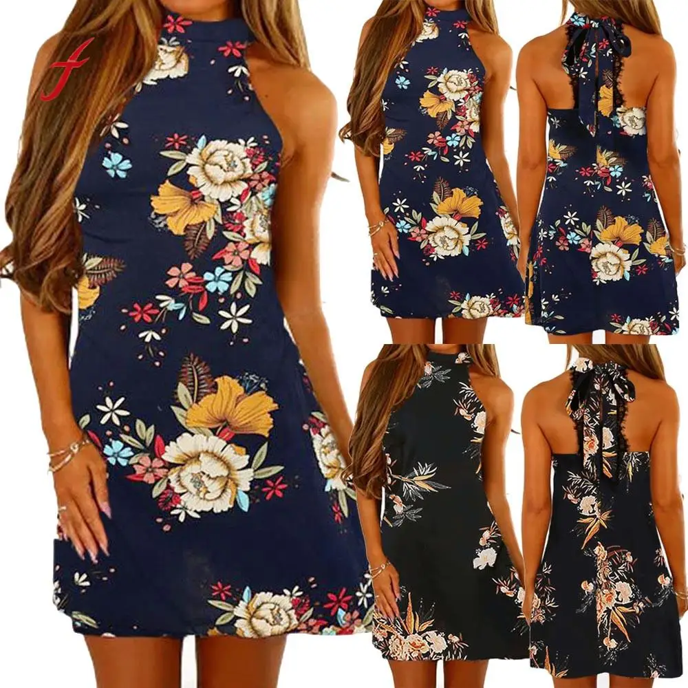 Women Floral Printing Halter Summer Sleeveless Party Mini Dress High Quality Best Selling slim dress summer new arrival 2019 | Женская