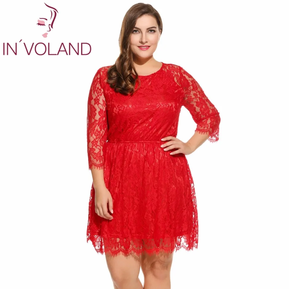 IN'VOLAND Women Lace Dress Plus Size 4XL Vintage Spring Autumn Long Sleeve Solid O Neck Party Dresses Feminino Vestidos | Женская