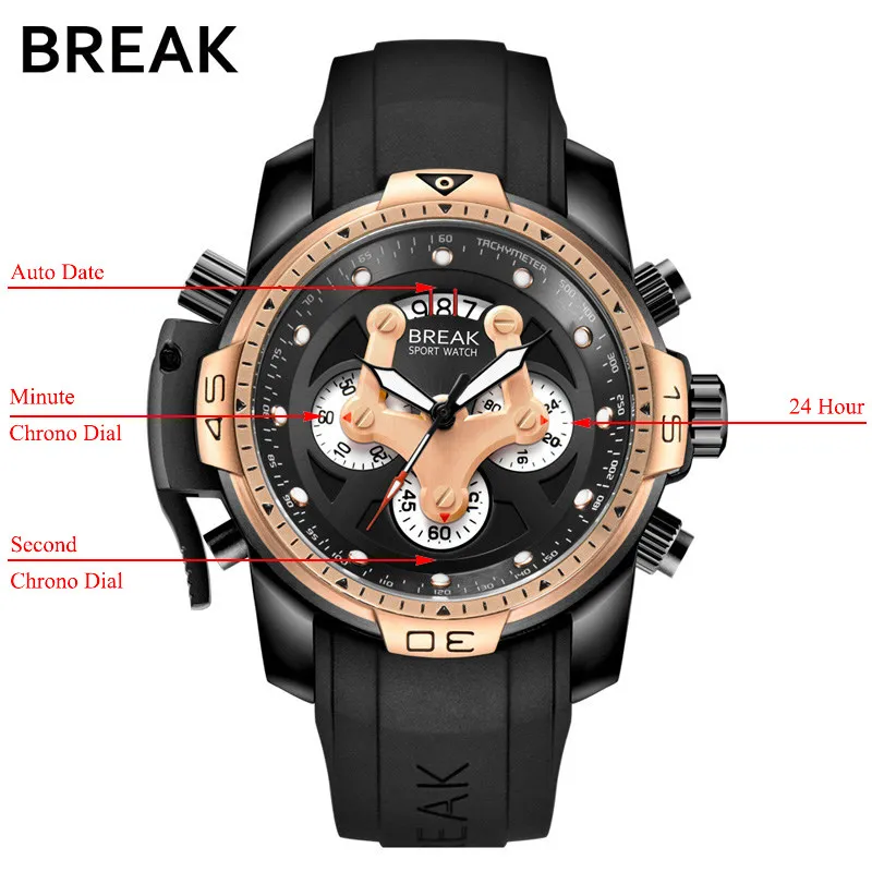 gold BREAK мужские роскошные Брендовые мужские спортивные часы, кварцевые военные наручные часы, черные силиконовые многофункциональные часы с хронографом и датой 5601 - Цвет: gold