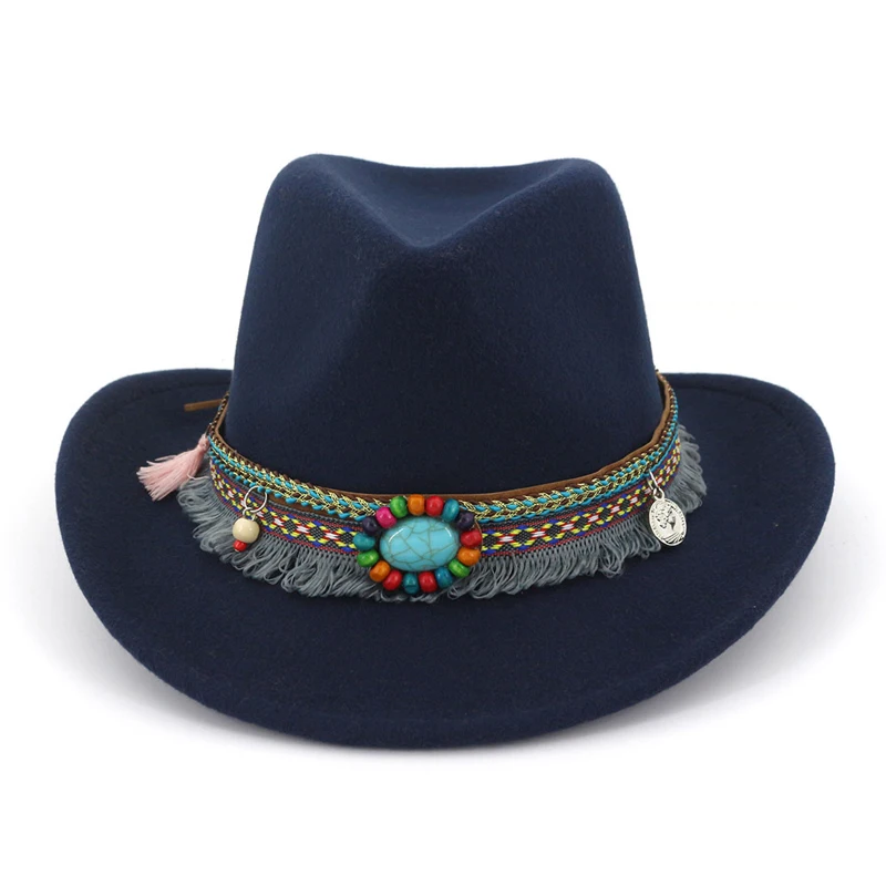 QBHAT 2020 Handmade Wide Brim Cowboy Fedora Wool Felt Jazz Hat Cap Ethnic Ribbon Decor Men Women Carnival Hats for Unisex | Аксессуары