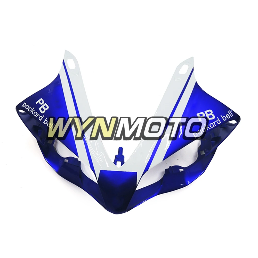 Комплект пластиковых инжекционных боковых панелей для мотоцикла Yamaha YZF R1 года выпуска 2007-2008, глянцево-голубого цвета с перламутрово-белыми вставками.