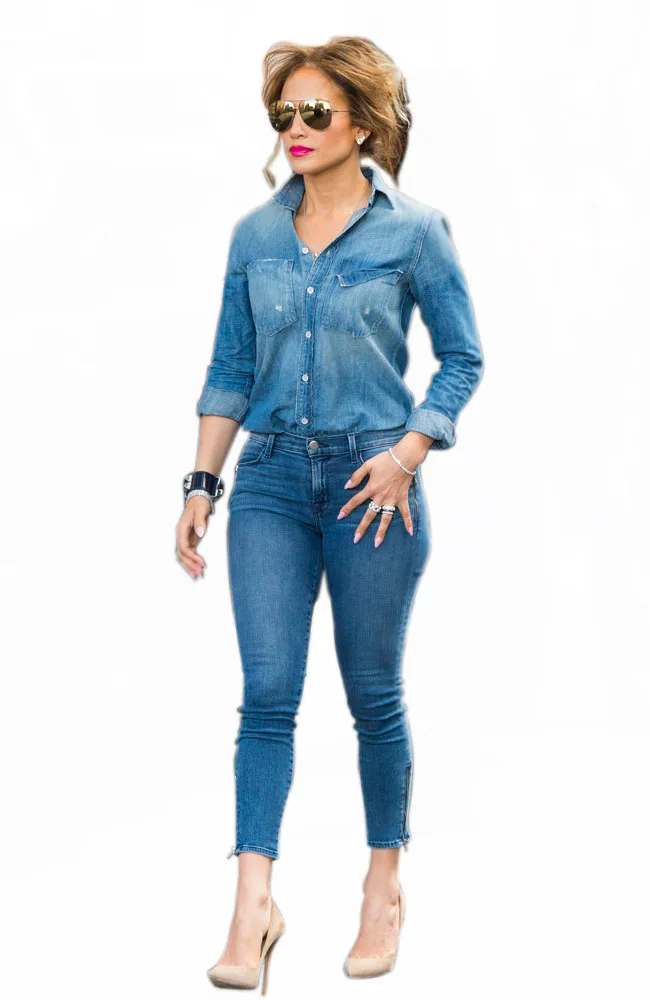 Повседневное комплект из 2 частей джинсовые комбинезон женщин длинный рукав с