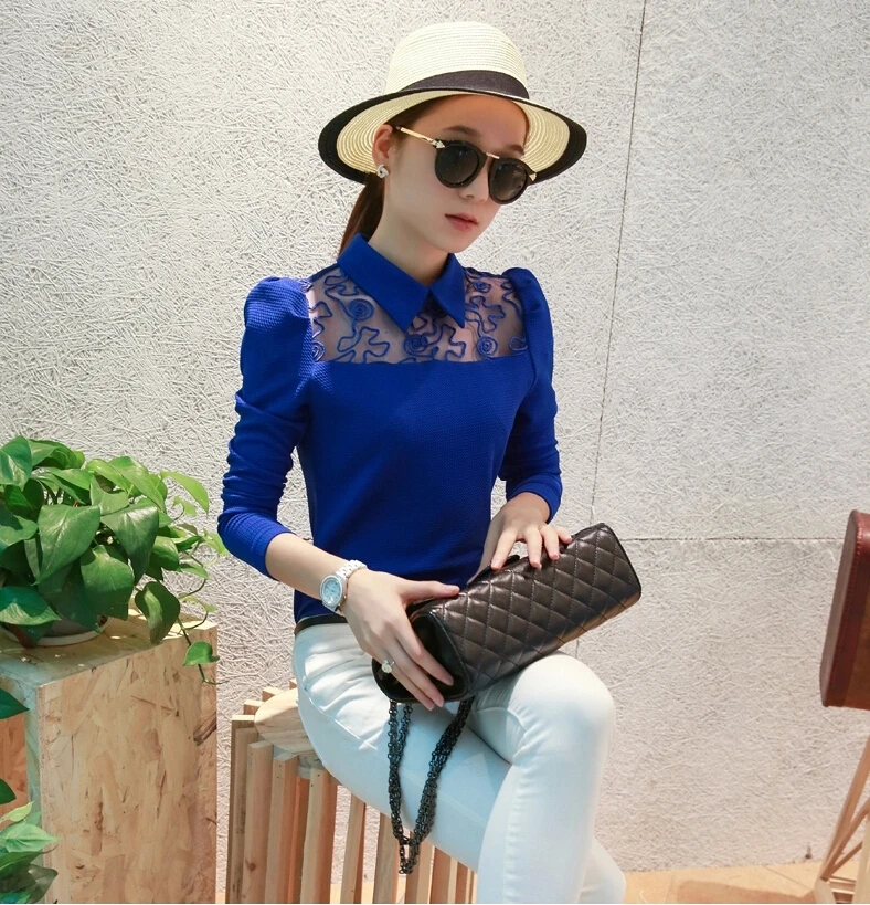 Весна кружева Печатные С Длинным Рукавом Блузка Женщины Turn Down Воротник Рубашки