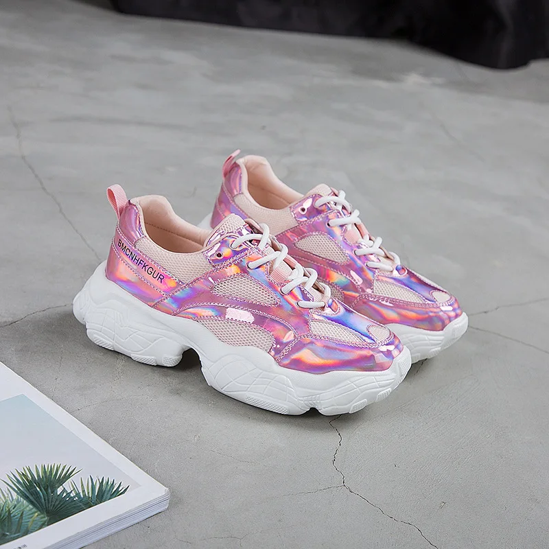 Повседневная обувь; женские кроссовки на массивной платформе; chaussures femme; сезон весна; Новинка; zapatos de mujer; цвет розовый; Женская обувь в стиле пэчворк; Цвет Серебристый