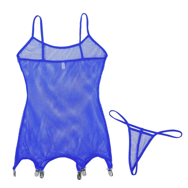 2Pcs Sexy Women Fishnet Lingerie Spaghetti Shoulder Straps Corset with Suspenders Clips Stockings Teddy Bodysuit with Briefs