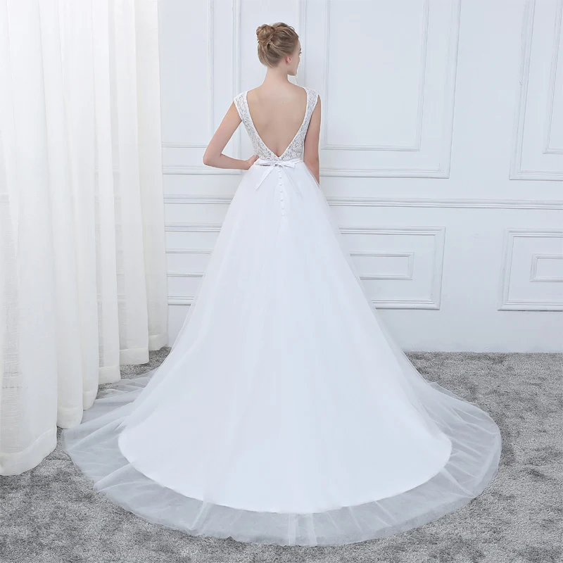 E JUE SHUNG White Lace Wedding Dresses 2018 Backless Cap Sleeves Sheer Sash Beach Gowns robe de mariee vestidos novia | Свадьбы и