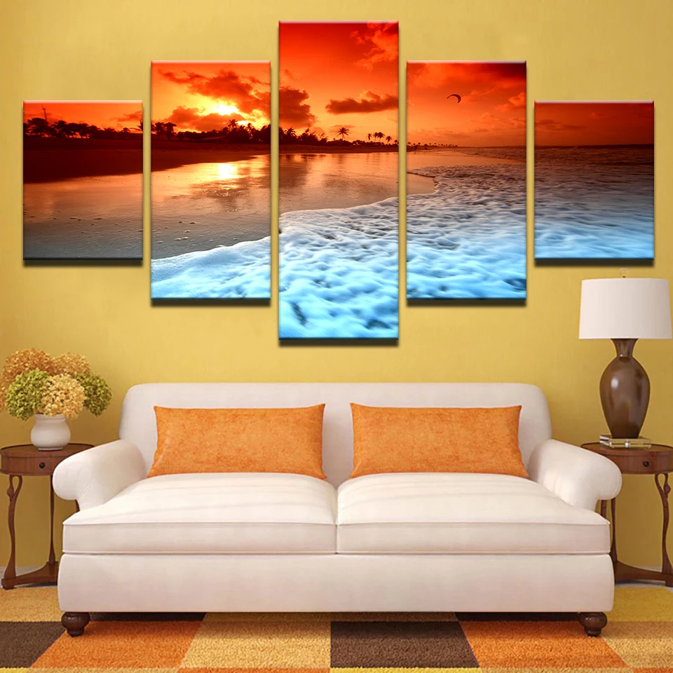 

Artryst Home Decor Posters Modern HD Printed Painting 5 Panel Sunset Beach Sea Waves Wall Art Pictures Framework Living Room
