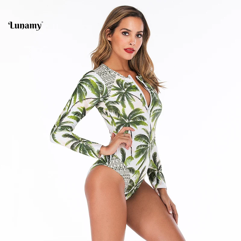 Женский слитный купальник Lunamy винтажный с принтом кокосовой пальмы и длинными