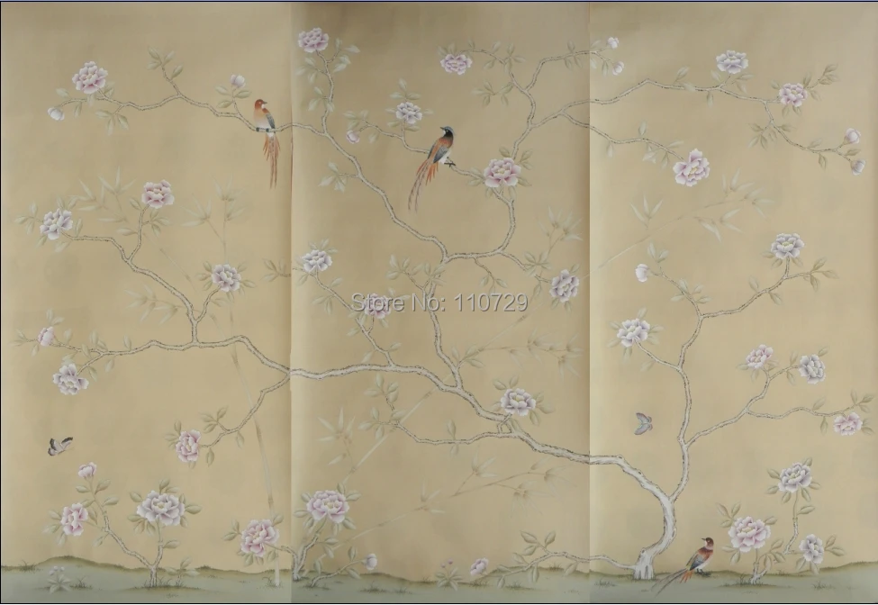 Шелковые обои с ручной росписью цветы птицами ручная роспись