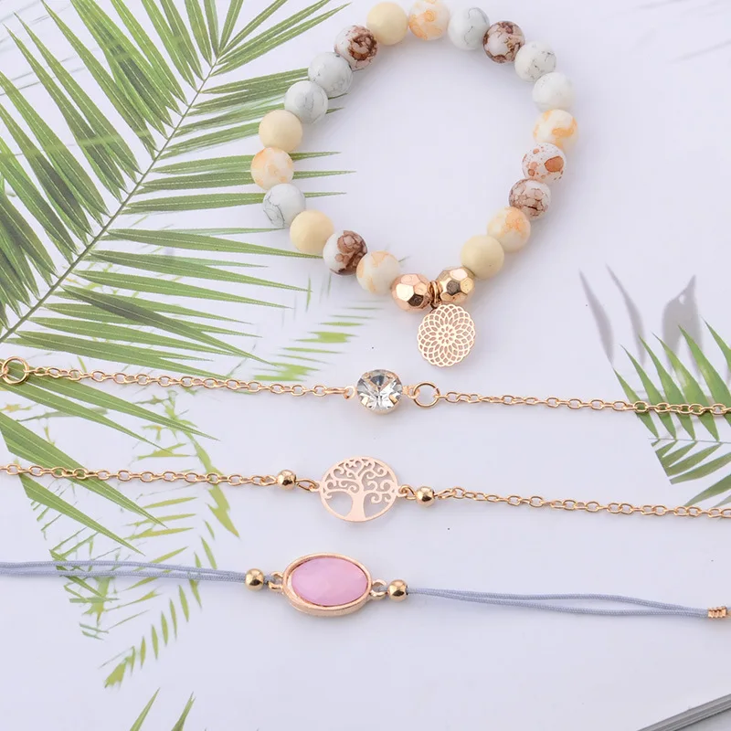 2019 Fashion jewelry weave rope chain pink crystal beaded tree 4 pieces set bracelets for women bangle party accessories gifts | Украшения