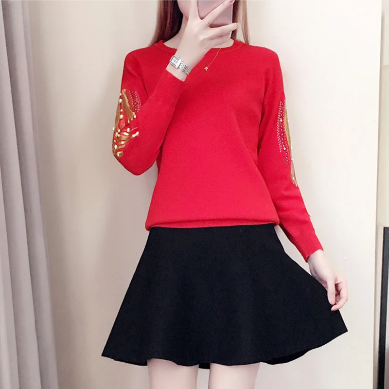 Knitted Embroidery Beads Pearl Women's Sweater Sequined O-neck Jersey Long Sleeve Pullovers Women 2020 Spring Sweaters Woman | Женская