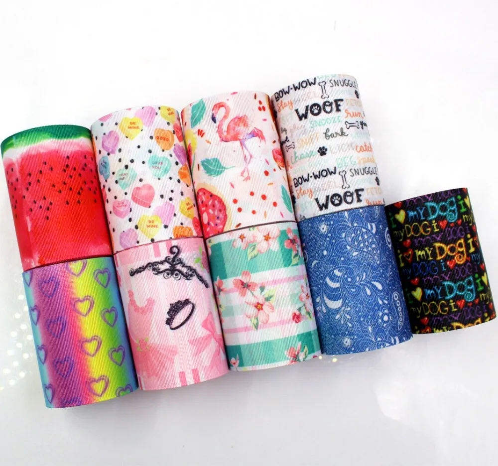 

free shipping 3 inch 100% Polyester Cartoon Printing Ribbon Watermelon Flamingo Ballet Love Floral