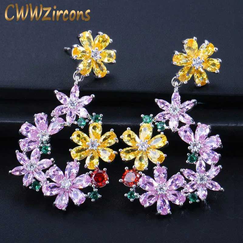 Pink CWWZircons Высший сорт Потрясающие Желтый Розовый кубический цирконий кристалл милый большой цветок висячие серьги для женщин Свадебные ювелирные изделия CZ421 - Окраска металла: Pink