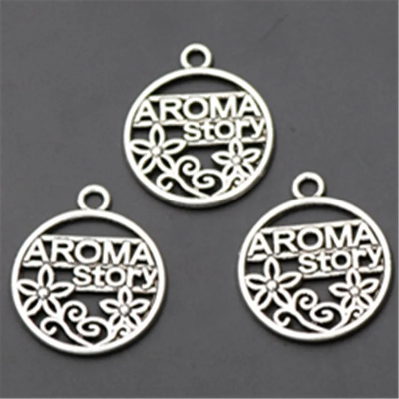 

4pcs Silver Color metal hollow jacquard craft aroma story Glamour necklace earrings DIY jewelry round tablets alloy pendants