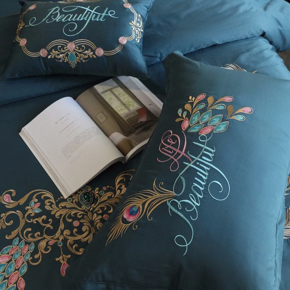 100% хлопок Синий Комплект постельного белья с вышивкой во дворцовом Королевском
