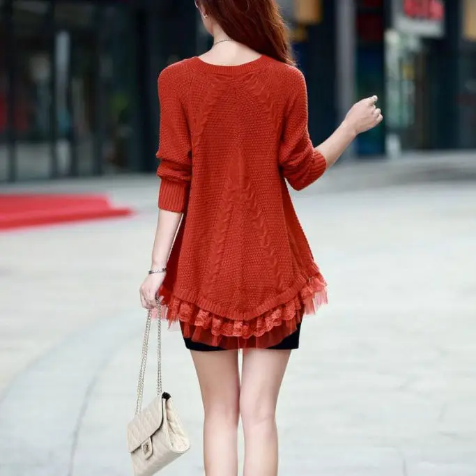 Кружевное женское платье-свитер большого размера с длинным рукавом розовый