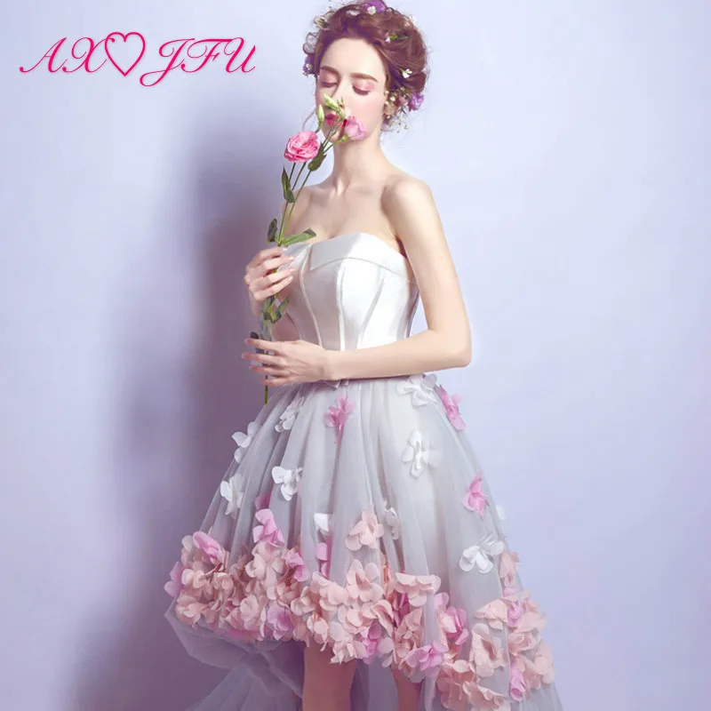 

AXJFU princess Romantic Petals Short Front and Back Long pink flower bow grey lace Bride's strapless short beach evening Dress