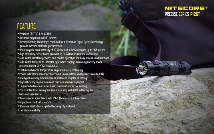 NITECORE P12GT с перезаряжаемой батареей 18650 1000 Lms CREE XP-L HI V3 светодиодный тактический фонарь