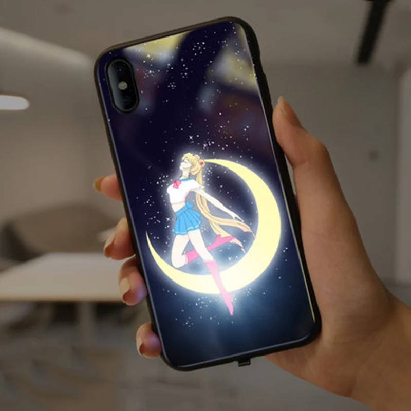 1 EKIND Сейлор Мун закаленное стекло чехол для iPhone X XS XSMAX Led логотип флэш-стекло чехол для iPhone защитный чехол для телефона - Цвет: 1