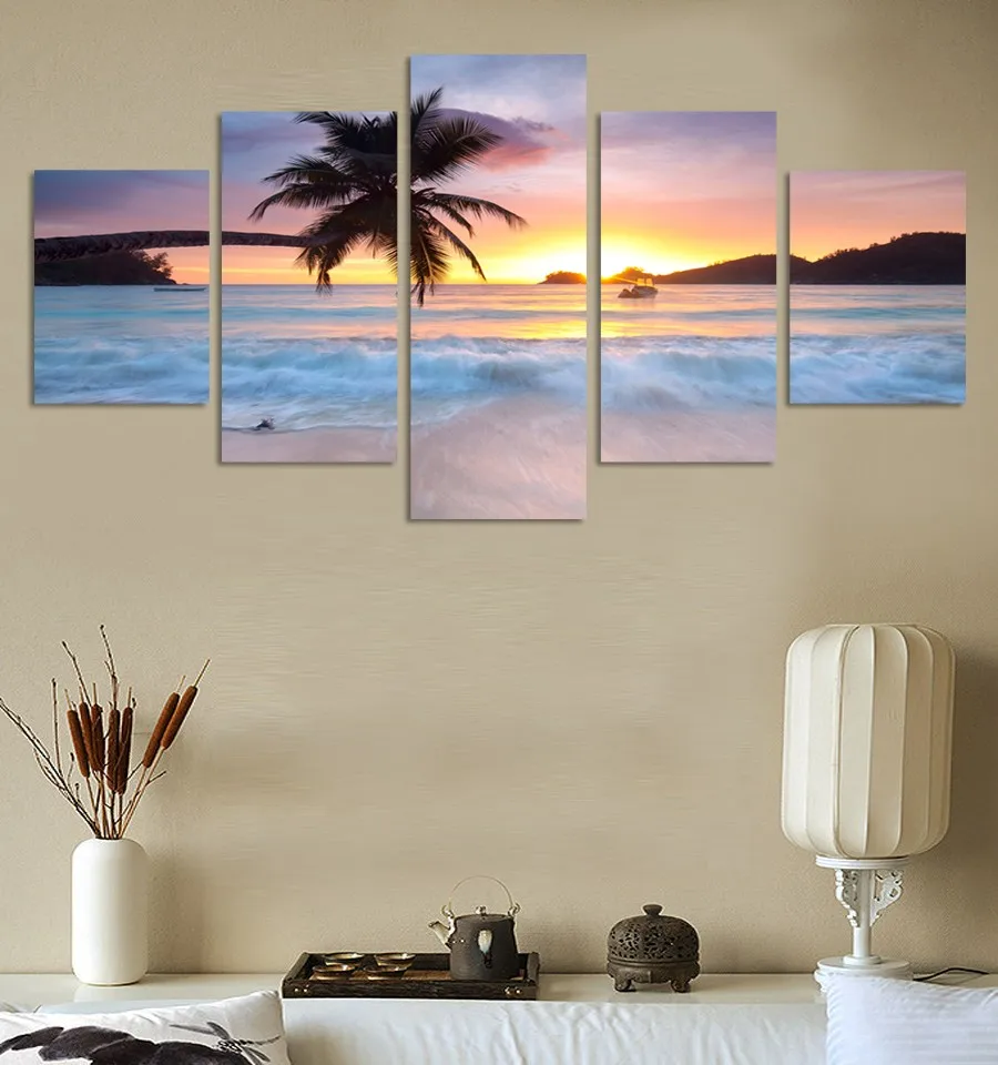 

Высокий холст Sunset Sea Top с принтом для гостиной, 5 панелей, Настенная картина/картина